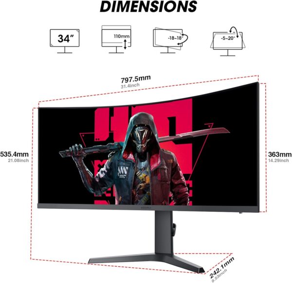 KOORUI 34E6UC 34″ QHD Ultra-Wide Curved Gaming Monitor - Refurbished - Image 2